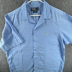 Polo Ralph Lauren Linen Blend Camp Shirt Loop Collar Hawaii Blue Large Classic